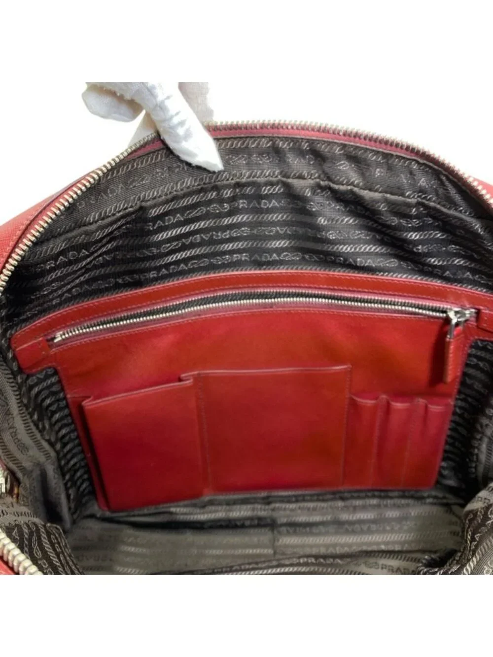 Prada Business Briefcase Handbag Triangle Logo Saffiano Leather Red Document